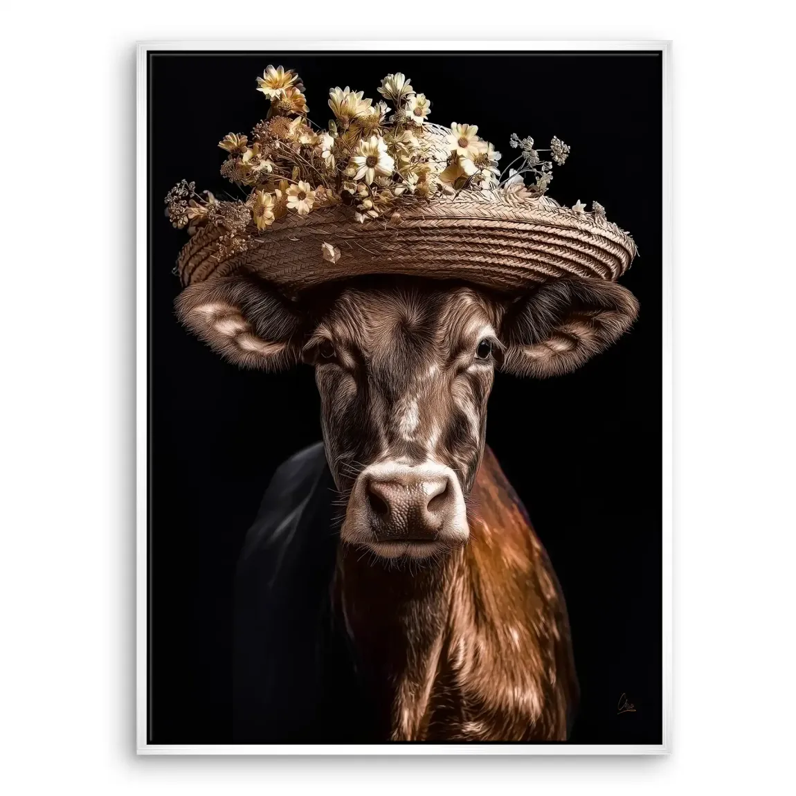 Kuh mit Strohhut Leinwand Bild